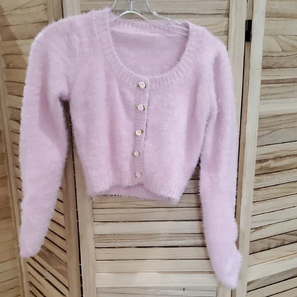 Fuzzy knit Pink cropped cardigan Sweater Sz S Cottage core 90s inspired - Picture 13 of 16